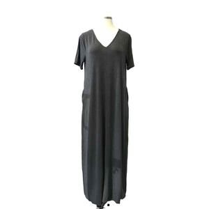 Zenana Size 1X Charcoal Knit Maxi Dress with Side Pockets V-neck
